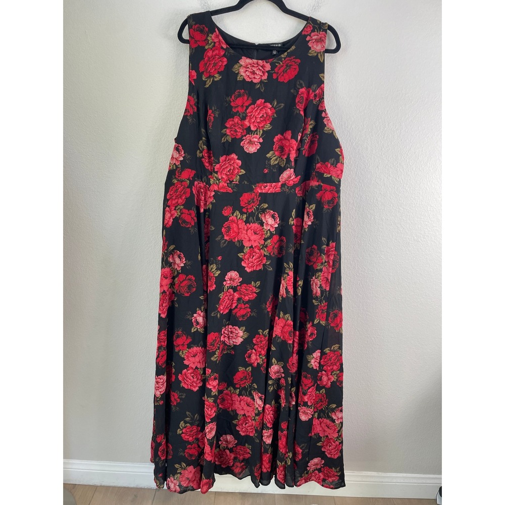 Torrid Womens Plus 26 Red Rose Floral Black Sleeveless Georgette Maxi Dress